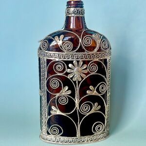Antique Bottle Silver Overlay Vintage Flask Ornate Perfume Bottle Vanity Display